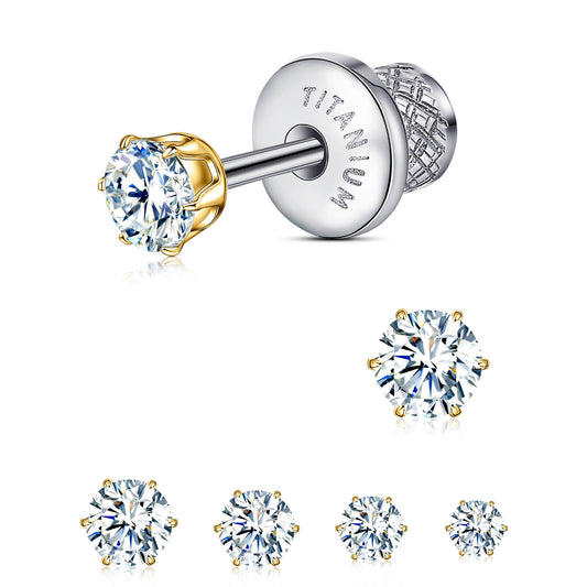 Orecchini piatti in titanio ipoallergenico Limerencia, borchie zircone sei punte con chiusura a vite. Titanio implantare senza nichel, confortevoli per dormire e lavarsi, regalo unisex elegante