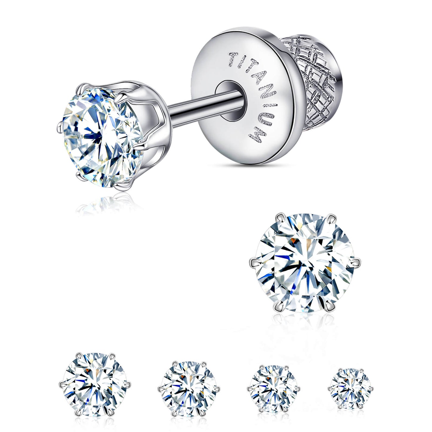 Orecchini piatti in titanio ipoallergenico Limerencia, borchie zircone sei punte con chiusura a vite. Titanio implantare senza nichel, confortevoli per dormire e lavarsi, regalo unisex elegante