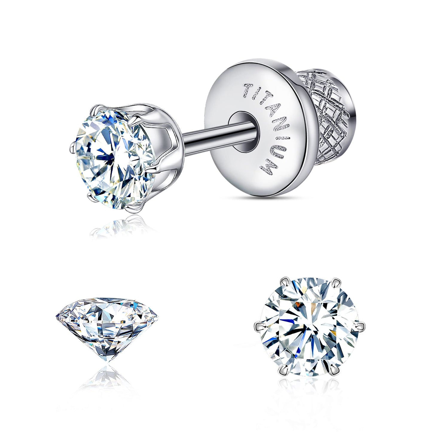Limerencia Orecchini borchia titanio G23 CZ retro piatto ipoallergenici donna | Titanio F136 grado impianto 20G, chiusura vite piatta 6 griffe senza nichel, piercing cartilagine/trago, comfort 24h per orecchie sensibili