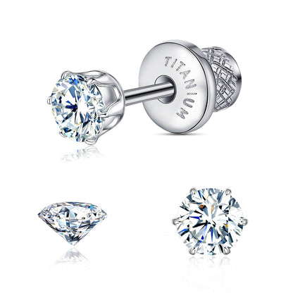 Limerencia Orecchini borchia titanio G23 CZ retro piatto ipoallergenici donna | Titanio F136 grado impianto 20G, chiusura vite piatta 6 griffe senza nichel, piercing cartilagine/trago, comfort 24h per orecchie sensibili