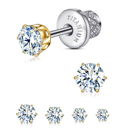 Orecchini piatti in titanio ipoallergenico Limerencia, borchie zircone sei punte con chiusura a vite. Titanio implantare senza nichel, confortevoli per dormire e lavarsi, regalo unisex elegante