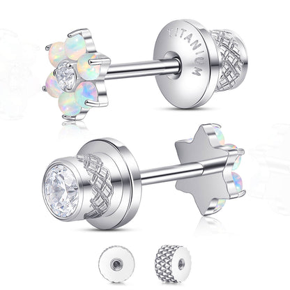 Limerencia Titanium Screw Back Earrings, Hypoallergenic F136 Implant Grade Flat Back Earrings for Women Men, Double Side Cubic Zirconia Sleeper Studs Jewelry/flower