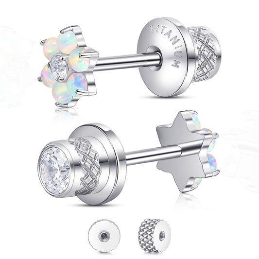 Limerencia Titanium Screw Back Earrings, Hypoallergenic F136 Implant Grade Flat Back Earrings for Women Men, Double Side Cubic Zirconia Sleeper Studs Jewelry/flower