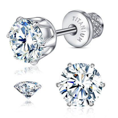 Limerencia Orecchini borchia titanio G23 CZ retro piatto ipoallergenici donna | Titanio F136 grado impianto 20G, chiusura vite piatta 6 griffe senza nichel, piercing cartilagine/trago, comfort 24h per orecchie sensibili