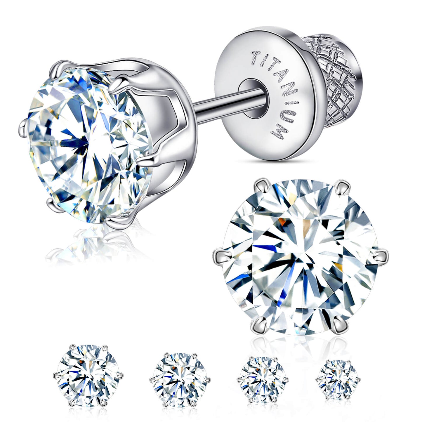 Orecchini piatti in titanio ipoallergenico Limerencia, borchie zircone sei punte con chiusura a vite. Titanio implantare senza nichel, confortevoli per dormire e lavarsi, regalo unisex elegante