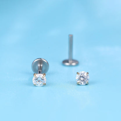 Gioielli piercing ipoallergenici in titanio F136 Limerencia, borchie filettate interne fondo piatto 18G 6mm 8mm 10mm per trago, elica, conca, cartilagine, naso e labbra (Zircone bianco 2mm)