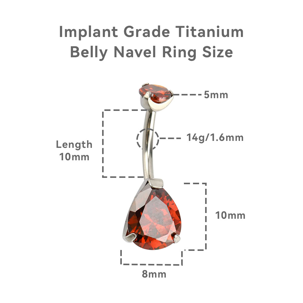 limerencia G23 Titanium Belly Button Rings hypoallergenic medical implant grade 14G Teardrop CZ Belly Navel Rings Piercing Belly Bars（Water drop belly button ring） (RED)