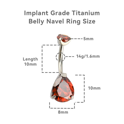 Limerencia Barre de piercing ombilical en titane G23 hypoallergénique grade médical implantable 14G, modèle goutte d'eau à zircon cubique (Rouge)