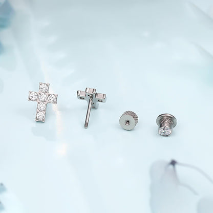 Limerencia Boucles d'oreilles Croix en titane implantable G23 hypoallergéniques | Arrière à vis Tragus 20G Hélix F136, tige de piercing pour oreilles sensibles Cartilage (Croix Zircon Cubique Argenté)