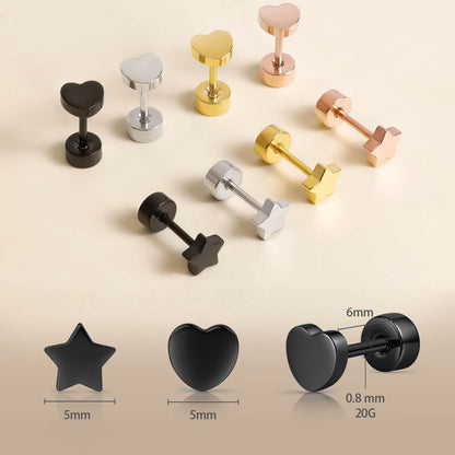 Limerencia Titan-Flachverschluss-Ohrstecker, hypoallergene Herz-/Stern-Schraubverschluss-Ohrstecker für Damen und Herren, klassische 5mm Schlafohrstecker für Knorpel und Ohrläppchen