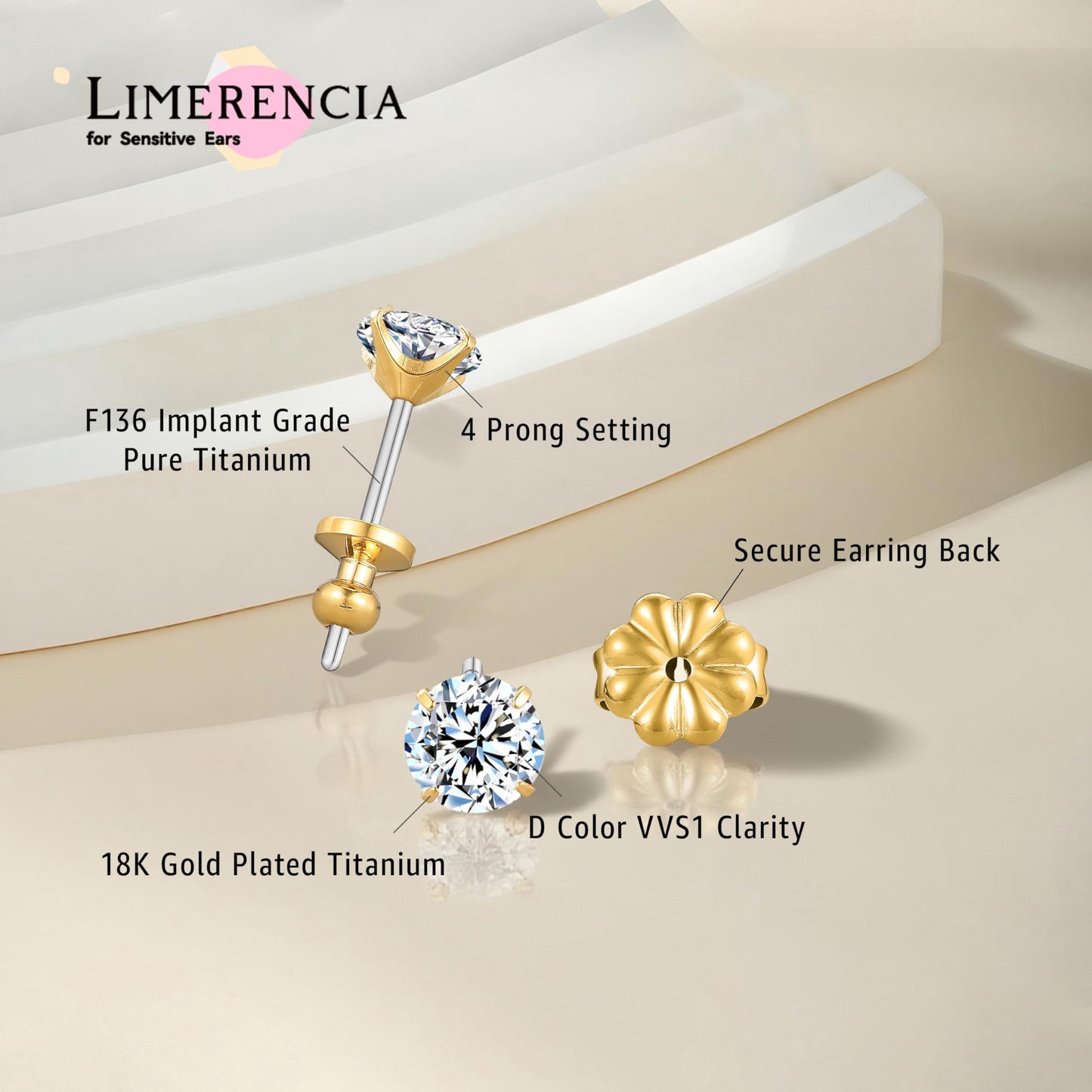 Limerencia Moissanite Earrings Studs for Women and Men, F136 Titanium Screw Back Hypoallergenic Stud Earrings, Diamond Studs Alternatives for Sensitive Ear，Gold 6mm