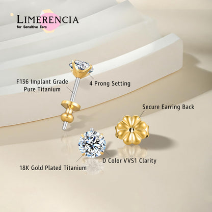 Limerencia Moissanite Earrings Studs for Women and Men, F136 Titanium Screw Back Hypoallergenic Stud Earrings, Diamond Studs Alternatives for Sensitive Ear，Gold 6mm