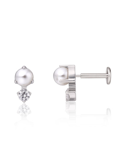 Limerencia G23 Hypoallergenic 18g Flat Back Stud Earrings | F136 Implant Grade Titanium Press Fit Threadless Push Pop in Cartilage Helix Labret Lip Monroe Tragus Piercing Studs- CZ + Pearl