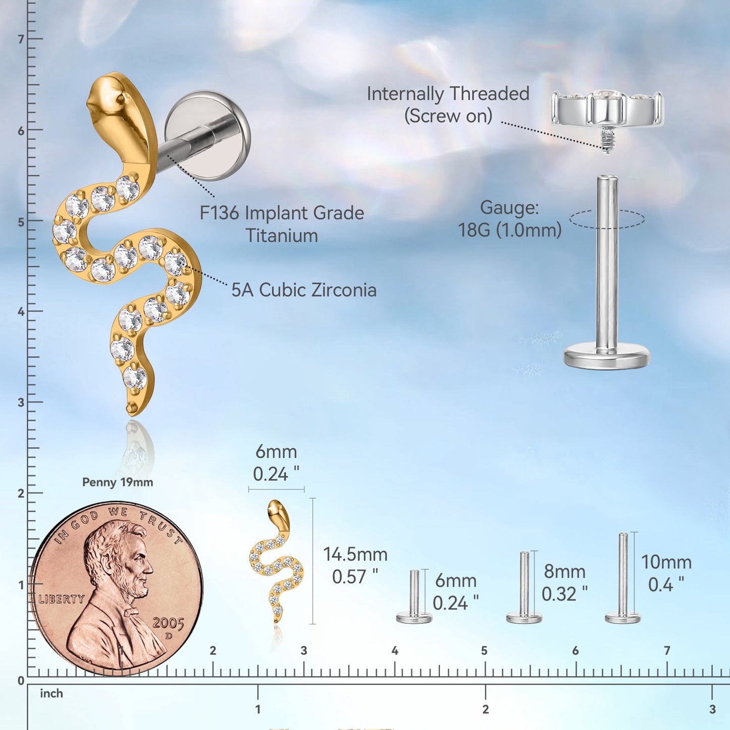 Limerencia Titanium Earrings with Snake Flat Back Internal Threading, Unisex (1 Piece)