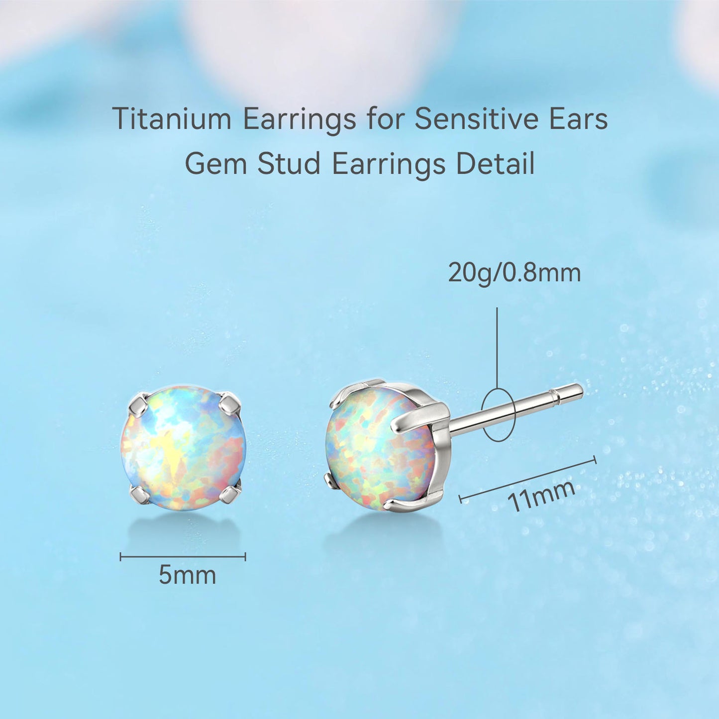 Limerencia G23 Hypoallergenic Pure Titanium Earrings, Opal/Moonstone/Cat's Eye/Blue Turquoise Stud Earrings, F136 Implant Grade|Delicate Jewelry for Sensitive Ears (5mm, White Opal)