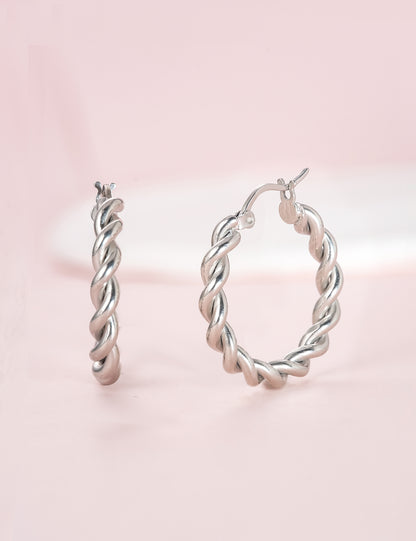 Pendientes de aro redondos Limerencia hipoalergénicos de titanio puro retorcido para mujer (aro de cuerda retorcida de 24 mm, plateado)
