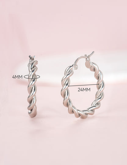Pendientes de aro redondos Limerencia hipoalergénicos de titanio puro retorcido para mujer (aro de cuerda retorcida de 24 mm, plateado)