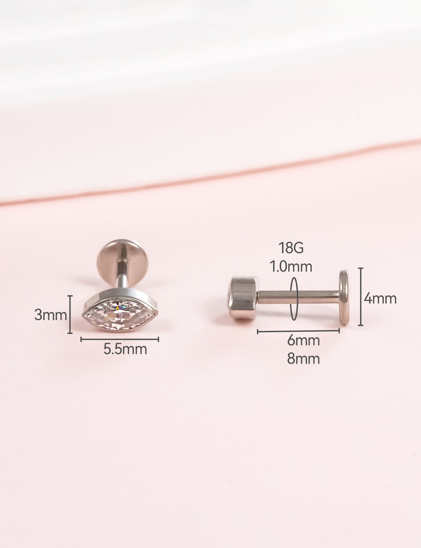 Limerencia G23 Hypoallergenic 18g Flat Back Stud Earrings | F136 Implant Grade Titanium Press Fit Threadless Push Pop in Cartilage Helix Labret Lip Monroe Tragus Piercing Studs (Marquise Silver)