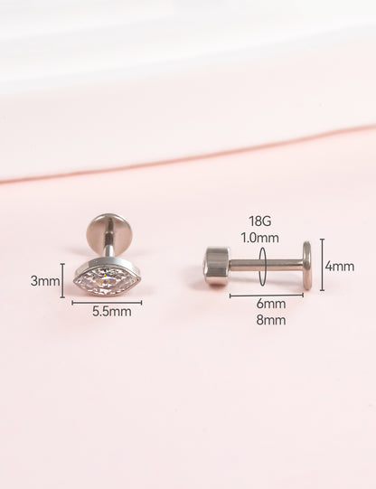 Boucles d'Oreilles à Dos Plat 18G Hypoallergéniques G23 Limerencia, Piercing Sans Filet à Enfoncement en Titane Grade Implantable F136, Convient Cartilage, Hélix, Lèvre, Monroe et Tragus (Forme Marquise, Argenté)