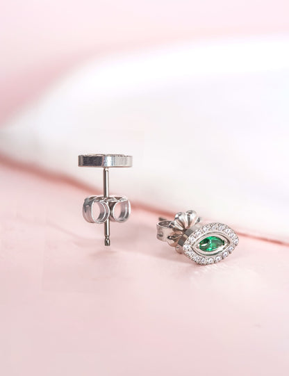 Orecchini Limerencia in titanio puro F136 ipoallergenico, perni helix occhio malocchio con zirconi in titanio medicale G23, stile minimalista adatti ad orecchie sensibili femminili (Verde Argento)