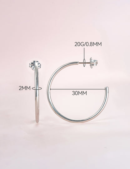 Limerencia Hypoallergene G23 Reines Titan Große Offene C-Creolen Ohrringe, F136 Leichte Cubic Zirkonia Ohrklemmen für Frauen mit Empfindlichen Ohren (30 mm Dünne Runde Creolen, Silber)