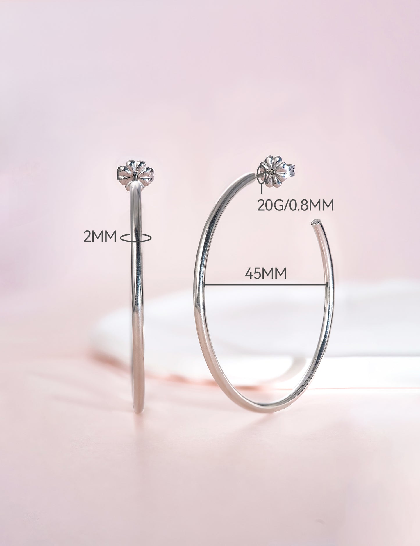 Limerencia Hypoallergenic G23 Pure Titanium Big Open C Hoop Earrings, F136 Lightweight Cubic Zirconia Cuff Huggie Earrings for Women Sensitive Ears (45mm Thin Round Hoop, Silver)