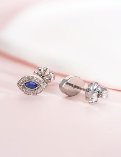 Orecchini Limerencia in titanio puro F136 ipoallergenico, perni in titanio grado implantare G23, orecchini helix occhio malocchio con zirconi, stile minimalista per orecchie sensibili donna (Blu Argento)