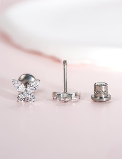 Limerenz Hypoallergener G23 Implantatgrad Titan Schraubverschluss Ohrringe Tragus 20G Helix F136 Piercing Post für empfindliche Mädchenohren Knorpel- Schmetterling Weiß Zirkonia