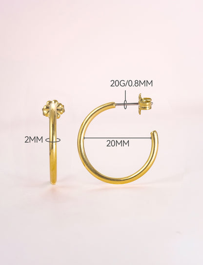 Limerencia Boucles d'oreilles anneau C ouvert grand en titane pur G23 hypoallergénique, boucles huggie cuff légères en titane F136 serties de zircon cubique pour femmes aux oreilles sensibles (anneau rond fin 20 mm, couleur argentée)