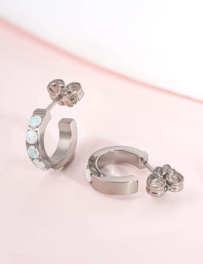 Limerencia Hypoallergenic G23 Pure Titanium Small Open C Hoop Earrings, F136 Implant Grade Lightweight Cubic Zirconia/Opal Cuff Huggie Earrings for Women Sensitive Ears