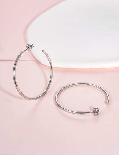 Limerencia Hypoallergene G23 Reiner Titan Große Offene C-Creolen, F136 Leichte Zirkonia-Cuff-Huggie-Ohrringe für Frauen mit empfindlichen Ohren (45mm Dünne Runde Creolen, Silber)