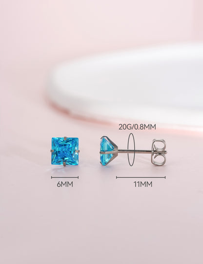 Boucles d'oreilles en titane hypoallergéniques, titane pur de grade implantable médical, adaptées aux oreilles sensibles, ornées de cristaux de pierre de naissance et zircons cubiques imitation diamant (Bleu Aigue-Marine)