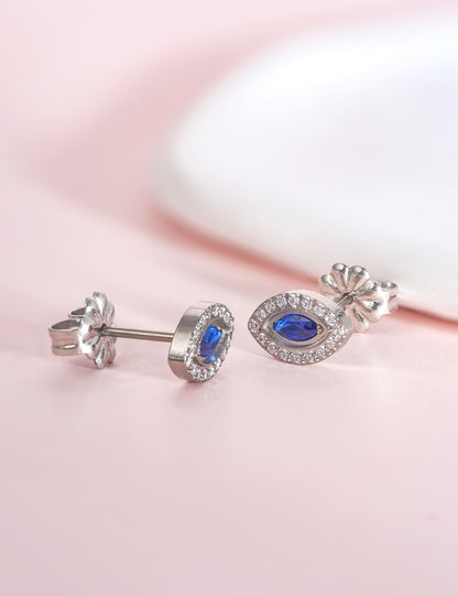 Orecchini Limerencia in titanio puro F136 ipoallergenico, perni in titanio grado implantare G23, orecchini helix occhio malocchio con zirconi, stile minimalista per orecchie sensibili donna (Blu Argento)