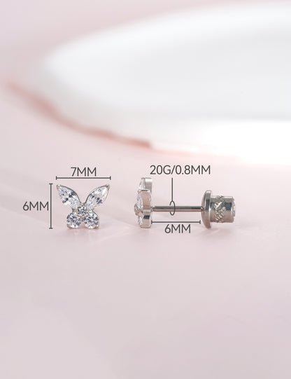 Limerenz Hypoallergener G23 Implantatgrad Titan Schraubverschluss Ohrringe Tragus 20G Helix F136 Piercing Post für empfindliche Mädchenohren Knorpel- Schmetterling Weiß Zirkonia