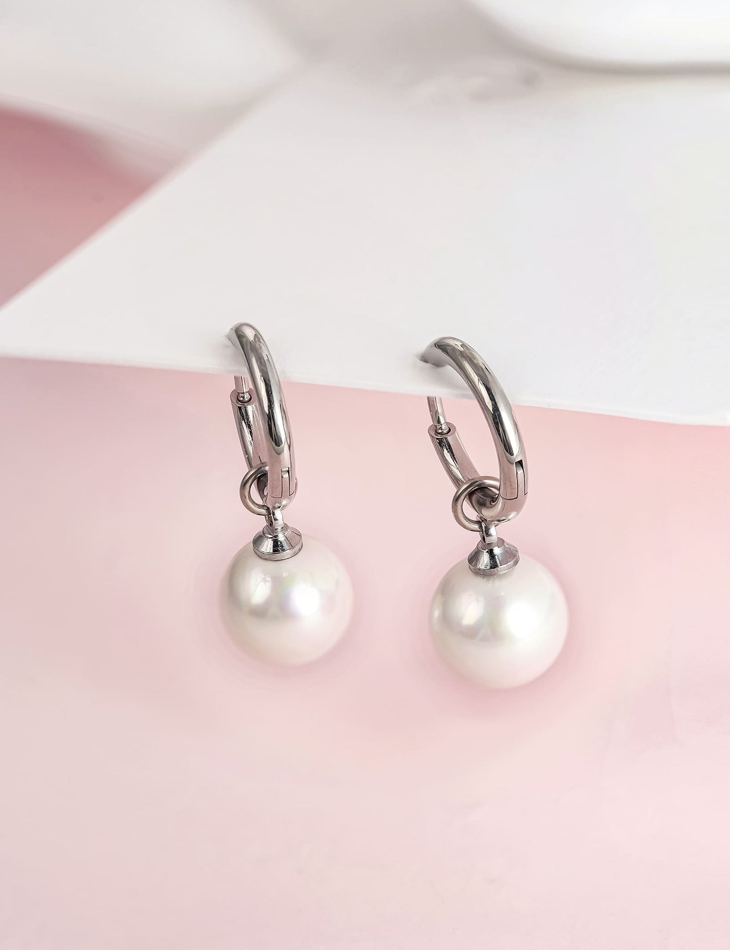 Limerencia Hypoallergenic Pure Titanium Post Lightweight Dangle Huggie Earrings for Women | Vertical Bar, Cross, Moon, Lightning | Dainty Earrings (10mm Pearl)