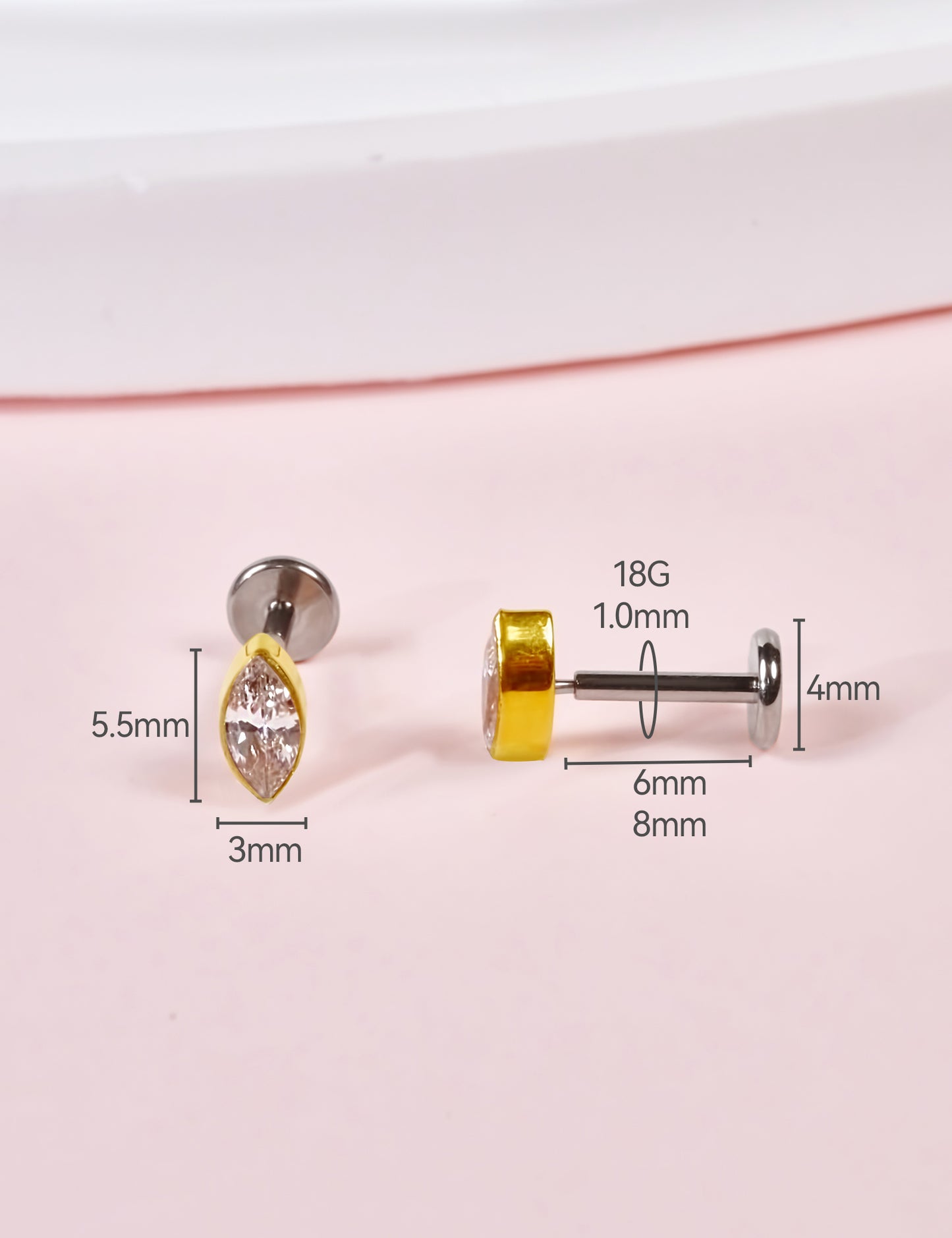 Limerencia G23 Hypoallergenic 18g Flat Back Stud Earrings | F136 Implant Grade Titanium Press Fit Threadless Push Pop in Cartilage Helix Labret Lip Monroe Tragus Piercing Studs (Marquise Silver)