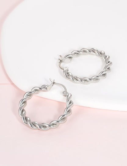 Pendientes de aro redondos Limerencia hipoalergénicos de titanio puro retorcido para mujer (aro de cuerda retorcida de 24 mm, plateado)