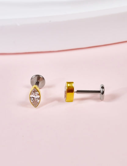 Boucles d'Oreilles à Dos Plat 18G Hypoallergéniques G23 Limerencia, Piercing Sans Filet à Enfoncement en Titane Grade Implantable F136, Convient Cartilage, Hélix, Lèvre, Monroe et Tragus (Forme Marquise, Argenté)