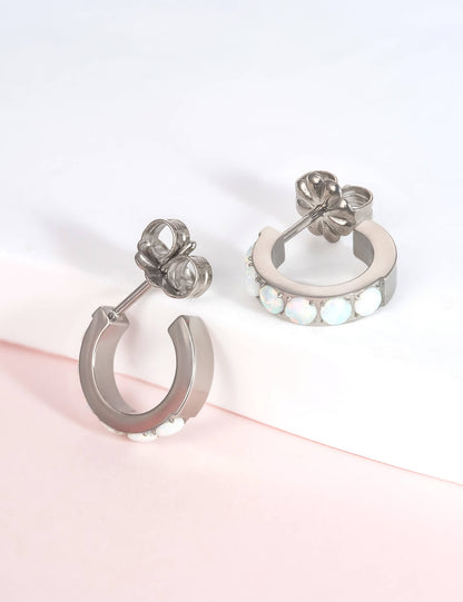 Limerencia Hypoallergenic G23 Pure Titanium Small Open C Hoop Earrings, F136 Implant Grade Lightweight Cubic Zirconia/Opal Cuff Huggie Earrings for Women Sensitive Ears