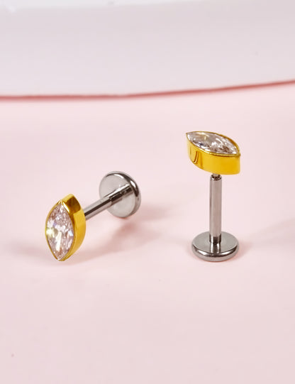 Boucles d'Oreilles à Dos Plat 18G Hypoallergéniques G23 Limerencia, Piercing Sans Filet à Enfoncement en Titane Grade Implantable F136, Convient Cartilage, Hélix, Lèvre, Monroe et Tragus (Forme Marquise, Argenté)