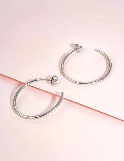 Limerencia Hypoallergene G23 Reines Titan Große Offene C-Creolen Ohrringe, F136 Leichte Cubic Zirkonia Ohrklemmen für Frauen mit Empfindlichen Ohren (30 mm Dünne Runde Creolen, Silber)