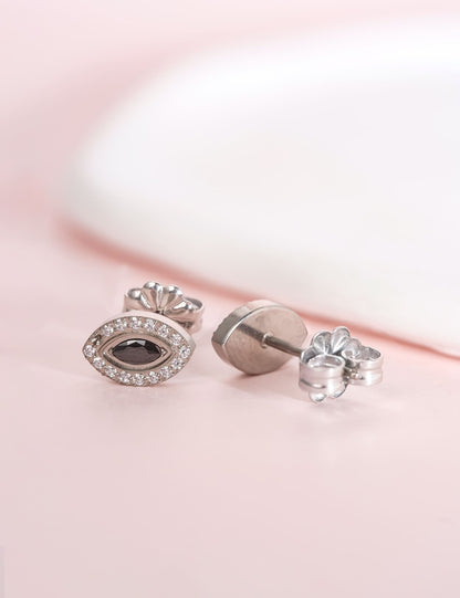 Orecchini occhio malocchio Limerencia in titanio puro F136 ipoallergenico, perni in titanio grado implantare G23 con gruppo zirconi, stile minimalista per orecchie sensibili donna (Nero Argento)