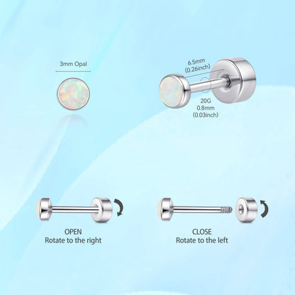 Limerencia Thread Flat Back Stud Earrings, Titanium Hypoallergenic Earrings for Women Men, Opal Stud Earrings Surgical Stainless Steel Stud Earring for Cartilage,White 3mm