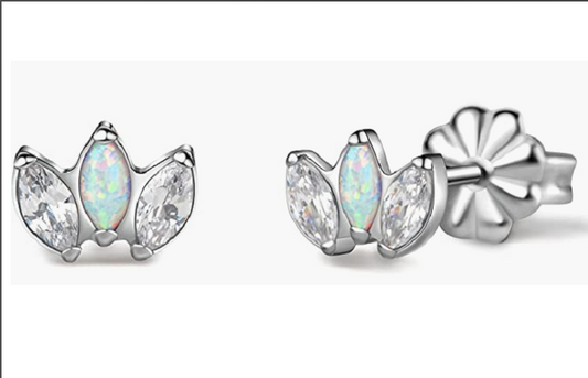 Limerencia Pure Titanium Hypoallergenic Earrings | White Opal + White CZ Crown | Implant Grade Piercing jewelry| Suitable for Sensitive Ears Delicate Jewelry