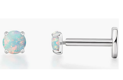Limerencia G23 Hipoalergénicos Aretes de Perno Plano de 18 g | Aretes de Titanio de Grado Implante F136 a Presión sin Rosca para Cartílago Hélix Labret Labio Monroe Tragus - Ópalo Blanco de 3 mm, 4 mm