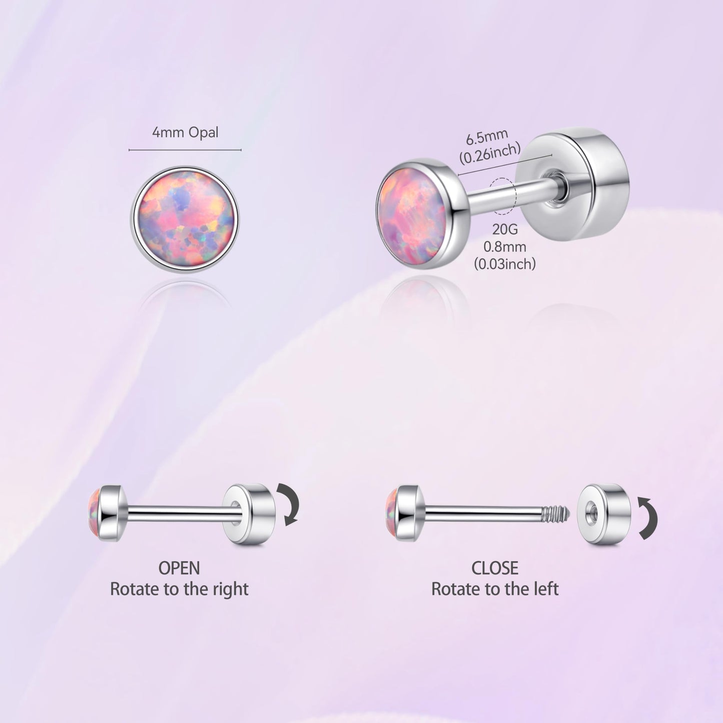Limerencia Flat Back Screw Back Opal Stud Earrings, Titanium Stud Earrings for Helix Cartilage Tragus Earlobe Piercing for Women&nbsp; Men，Purple 4mm