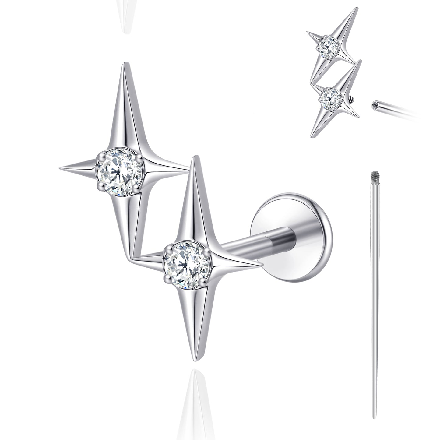 Limerencia 18G Titan-Körperschmuck, Innengewinde-Flachrücken-Ohrstecker für Tragus, Helix, Knorpel, Conch und Medusa, unisex, 1 Stück mit Kreuz-Zirkoniabesatz