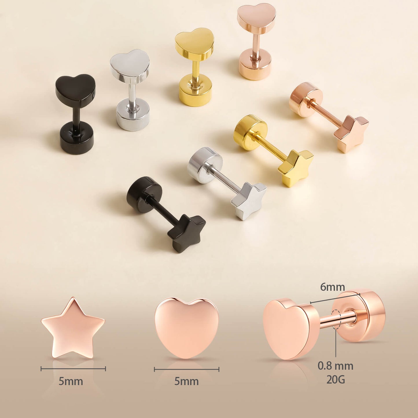 Limerencia Titan-Flachverschluss-Ohrstecker, hypoallergene Herz-/Stern-Schraubverschluss-Ohrstecker für Damen und Herren, klassische 5mm Schlafohrstecker für Knorpel und Ohrläppchen