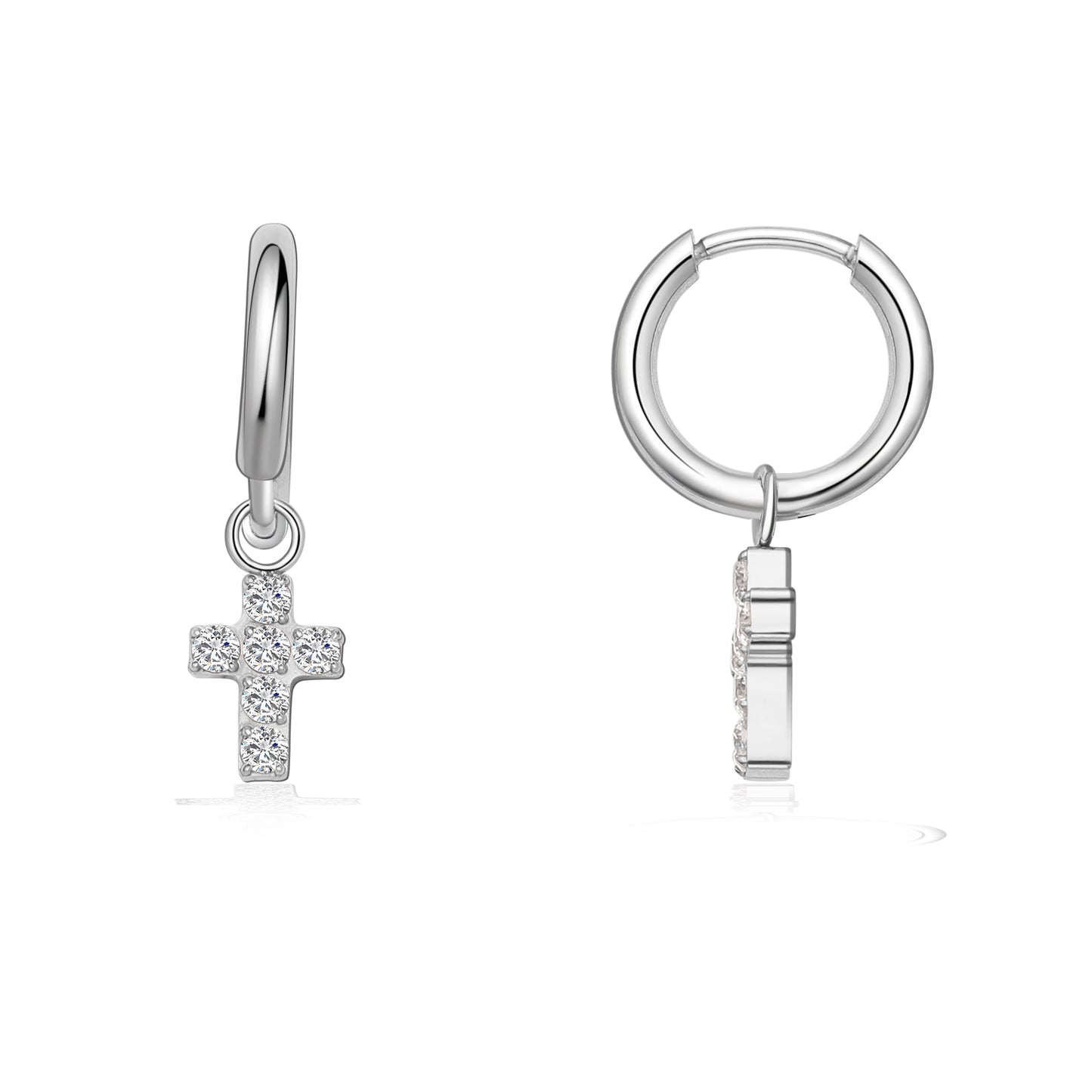 Orecchini huggie pendenti leggeri in titanio puro ipoallergenico Limerencia donna | Barra verticale, croce, luna, fulmine | Gioielli delicati (Croce)