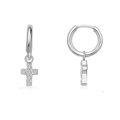 Orecchini huggie pendenti leggeri in titanio puro ipoallergenico Limerencia donna | Barra verticale, croce, luna, fulmine | Gioielli delicati (Croce)